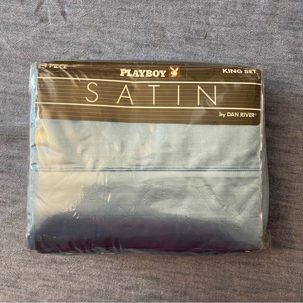 NEW vintage 80’s blue satin playboy king bed sheet set